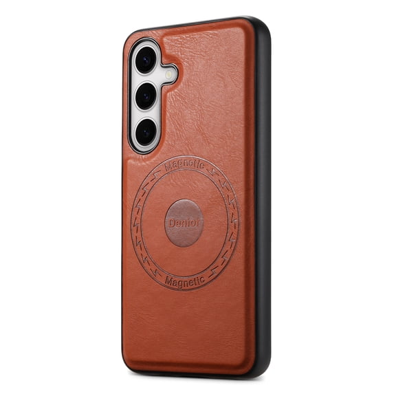 for Samsung Galaxy S23 FE Magnetic Phone Case, PU Leather Phone Case, Compatible with MagSafe,Non-Slip Enhanced Grip Anti-Fingerprint Shockproof Ultra Slim Rugged Phone Cover Case,Brown