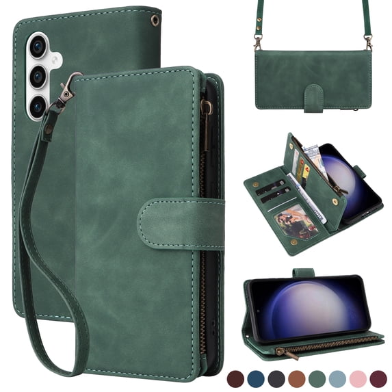 for Samsung Galaxy S23 FE Multifunctional Case Wallet with Card Slots, Premium Soft PU Leather Zipper Folio Flip with Crossbody Strap Kickstand Zipper Phone Cover for Samsung Galaxy S23 FE, Green