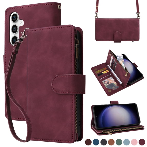 for Samsung Galaxy S23 FE Multifunctional Case Wallet with Card Slots, Premium Soft PU Leather Zipper Folio Flip with Crossbody Strap Kickstand Zipper Phone Cover for Samsung Galaxy S23 FE, Winered