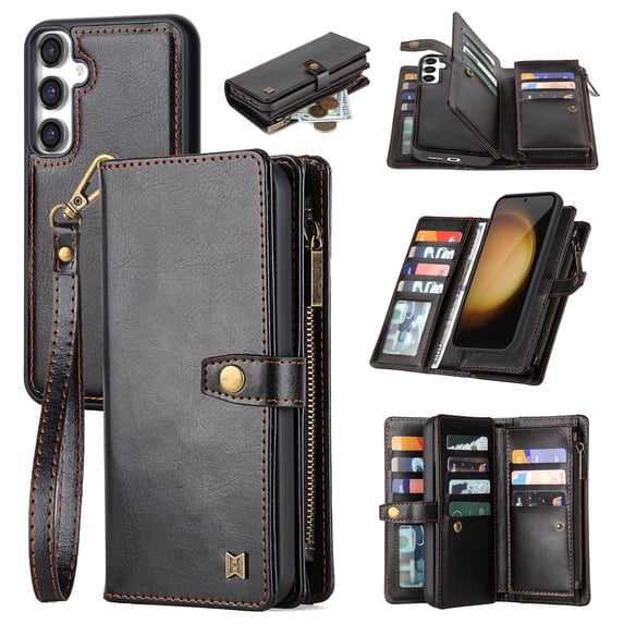 for Samsung Galaxy S23 FE PU Leather Detachable Magnetic Wallet Case, Zipper Pocket Card Slots Multifunctional Rugged Full Body Protection Wrist Strap Magnetic Buckle for Galaxy S23 FE - Black