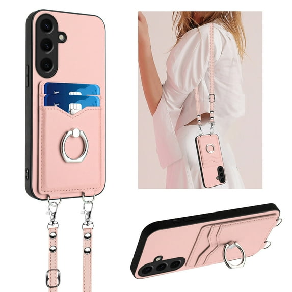 for Samsung Galaxy S23 FE PU Leather Phone Case Cover, Classic Shoulder Strap Card Slots Shockproof Protective Ring Bracket Anti-scratch Ultra Slim Back Case for Samsung Galaxy S23 FE - Rosegold