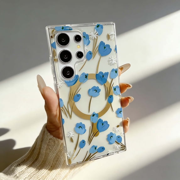 For Samsung Galaxy S23 FE Phone Case,Compatible With Mag-Safe,Elegant Colorful Floral Print Pattern,Transparent Back,PC + TPU Hybrid Shockproof Anti-fall Non-Slip Drop Protection,Phone Case,E