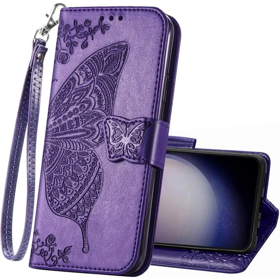 for Samsung Galaxy S23 FE Phone Case Wallet,Women Flip Folio PU Leather Protective Case Wrist Strap Card Slots Holder Pocket Emboss Butterfly Flower Stand Flip Case for Samsung Galaxy S23 FE Purple