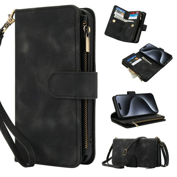 for Samsung Galaxy S23 FE Wallet Case with Card Holder for Women Men, Phone Case RFID Blocking PU Leather Flip Shockproof Cover with Shoulder + Wrist Strap Zipper Credit Card Slots Stand, Black