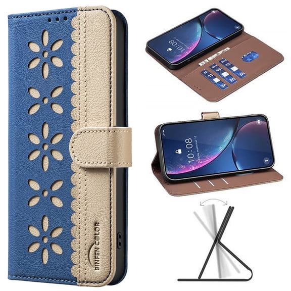 For Samsung Galaxy S23 FE Wallet Case,Card Slots [RFID Blocking] Splice Premium PU Leather ID Credit Holder Folio Flip Kickstand Magnetic Clasp Flower Patterned Shockproof Phone Cover,Darkblue