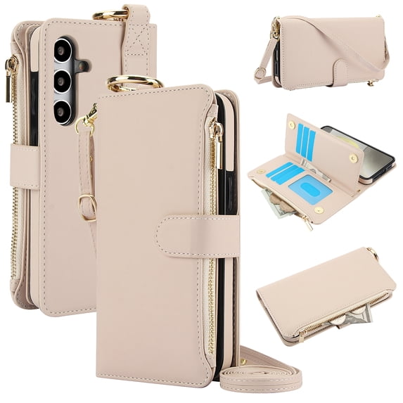 for Samsung Galaxy S23 FE Wallet Case, Multi-Functional Zipper Purse Case with Card Holders, RFID Blocking Full Body Case, Shoulder Strap Wristband Crossbody Cover for Galaxy S23 FE, White