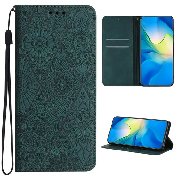 for Samsung Galaxy S23 FE Wallet Case, PU Leather Protective Case Embossed Folio Magnetic Card Slots Holder Kickstand with Wrist Strap Shockproof Slim Flip Case for Samsung Galaxy S23 FE, Green