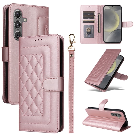 for Samsung Galaxy S23 FE Wallet Flip Case, Classic PU Leather Card Slots with Lanyard Magnetic Closure Kickstand Drop Protective Soft TPU Inner Case Cover for Samsung Galaxy S23 FE, Rosegold