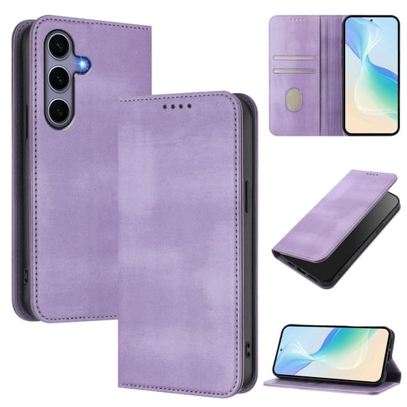 for Samsung Galaxy S23 FE Wallet Rugged Case, Premium PU Leather RFID Blocking Card Slots Kickstand Classic Full Body Protection Magnetic Function Durable Phone Cover for S23 FE, Purple