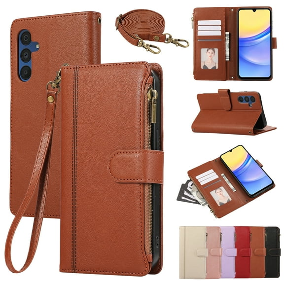 for Samsung Galaxy S23 FE Wallet case with Card Holder for Women Men,Phone case RFID Blocking PU Leather Flip Cover with Strap Zipper Credit Card Slots,Kickstand,With Wrist Strap,Brown
