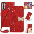 thumbnail image 1 of for Samsung Galaxy S23 Flower Pattern Wallet Case, with Wrist Hand Strap Crossbody Lanyard, Sparkle Rhinestone Butterfly Cover with Card Slots & Kickstand & Magnetic Clasp Case, Red, 1 of 11