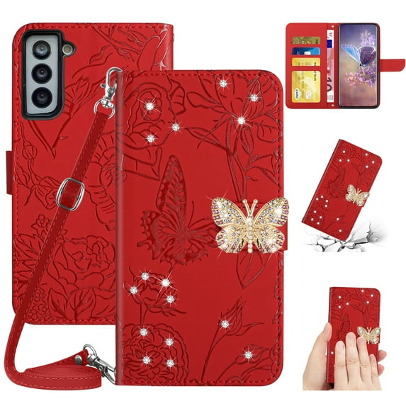 for Samsung Galaxy S23 Flower Pattern Wallet Case, with Wrist Hand Strap Crossbody Lanyard, Sparkle Rhinestone Butterfly Cover with Card Slots & Kickstand & Magnetic Clasp Case, Red