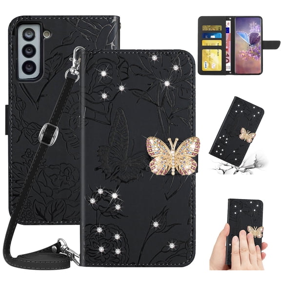 for Samsung Galaxy S23 Flower Pattern Wallet Case, with Wrist Hand Strap Crossbody Lanyard, Sparkle Rhinestone Butterfly Cover with Card Slots & Kickstand & Magnetic Clasp Case, Black