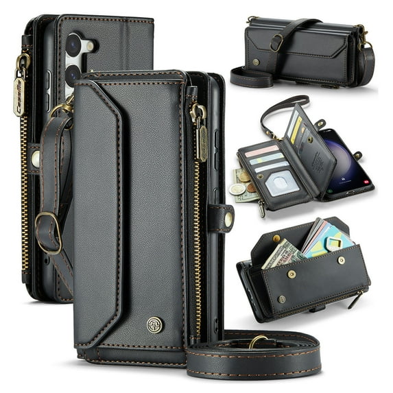 for Samsung Galaxy S23 Full Body Protection Wallet Folio Flip Case, Shoulder Strap & Wristlet Card Slots Zipper Pocket RFID Blocking Rugged Durable PU Leather Phone Case Cover, Black