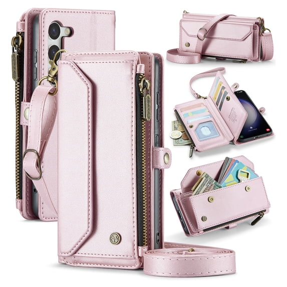 for Samsung Galaxy S23 Full Body Protection Wallet Folio Flip Case, Shoulder Strap & Wristlet Card Slots Zipper Pocket RFID Blocking Rugged Durable PU Leather Phone Case Cover, Pink