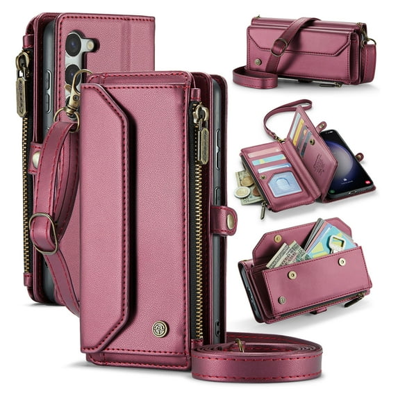 for Samsung Galaxy S23 Full Body Protection Wallet Folio Flip Case, Shoulder Strap & Wristlet Card Slots Zipper Pocket RFID Blocking Rugged Durable PU Leather Phone Case Cover, Winered