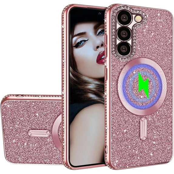 for Samsung Galaxy S23 Glitter Case with Camera Lens Protector, Slim TPU Clear Case with Magsafe Shiny Bling Sparkly Diamond Cover for Samsung S23 KCZ Rose Gold