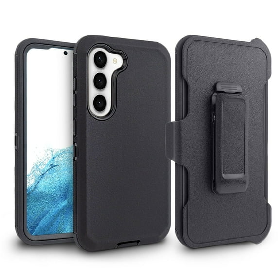 For Samsung Galaxy S23 Heavy Duty Rugged Shockproof Full Body Protection 360 Swivel Kicktand Holster Belt Clip And Built in Screen Protector Phone Cover Case - Black