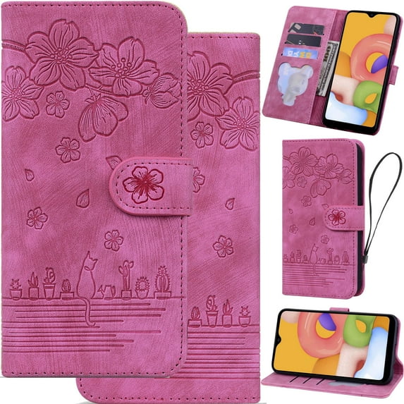for Samsung Galaxy S23 Leather Phone Case, Oil Painting Style Cherry Blossoms Cartoon Cat Plants Floral Folio Flip Cover, Card Holder Cash Slot, Magnetic Flower Buckle
