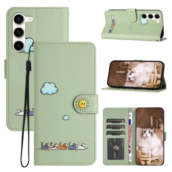 for Samsung Galaxy S23 Lovely Cartoon Pattern Wallet Flip PU Leather Case, with Wrist Strap / Credit Card Slots / Photo Slot / Cash Pocket Kickstand Cute Phone Cover for Galaxy S23, Green