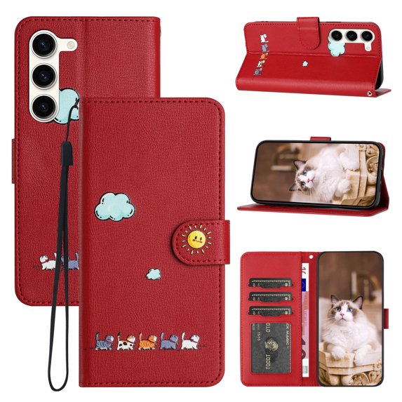 for Samsung Galaxy S23 Lovely Cartoon Pattern Wallet Flip PU Leather Case, with Wrist Strap / Credit Card Slots / Photo Slot / Cash Pocket Kickstand Cute Phone Cover for Galaxy S23, Red