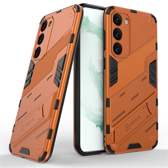 for Samsung Galaxy S23 Phone Case, Kickstand Rugged Shockproof TPU Matte Textured All-Inclusive Lens Protective Shell Hard PC Back Cover Sturdy Case for Samsung S23 5G Phone, Orange