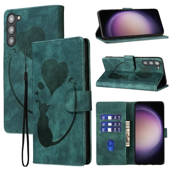 for Samsung Galaxy S23 Phone Case Wallet Flip Cases,Cute Cat & Heart Patterned,Retro PU Leather Kickstand,Card Holder,Wrist Strap,Magnetic Closure,Shockproof Cover For Samsung Galaxy S23, Green