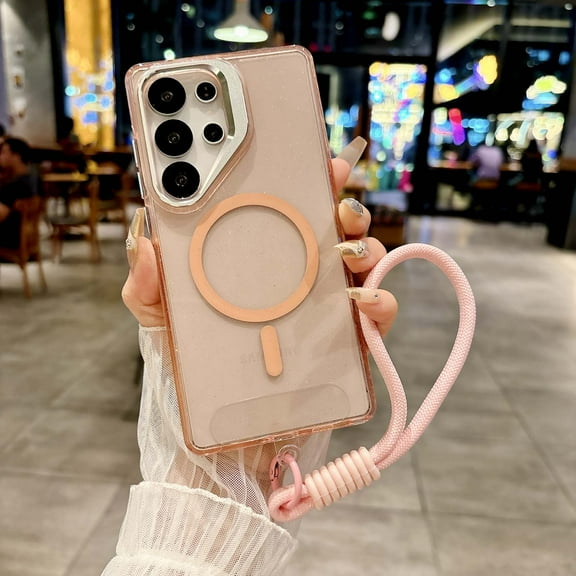 For Samsung Galaxy S23 Phone Case,With Contractile Lens Ring Kickstand,Compatible with Mag-Safe,Bling Glitter Transparent Back Design,With Wrist Strap,Ultra Slim Shockproof Phone Case,Pink