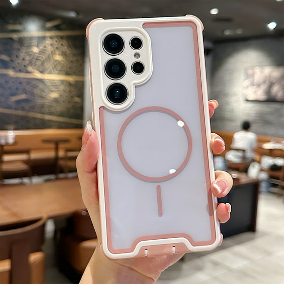 For Samsung Galaxy S23 Plus 2-in-1 Rugged Phone Case,Compatible with Mag-safe,Heavy Duty Shockproof  Anti-Scratch Protective,Transparent Back Design,Durable Phone Case For Men Women,Rosegold