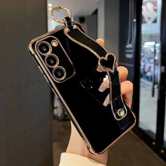 Samsung Galaxy S23 Plus 5G Case with Kickstand,Luxury Cute Plating Edge Love Hearts Pattern Wrist Strap Finger Holder for Girls Women,Soft Shockproof Cover for Galaxy S23 Plus 6.6",Black