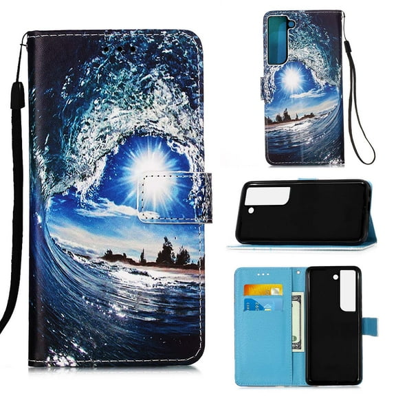 For Samsung Galaxy S23 Plus 5G Case, Mantto PU Leather Phone Case With Hand Rope Strap Cute Painted Flip Card Wallet Slots Kickstand Case For Samsung Galaxy S23 Plus 5G - Sea Wave