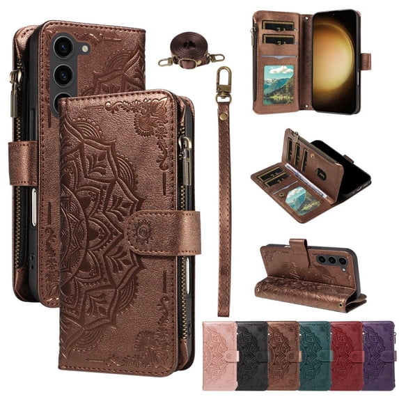 For Samsung Galaxy S23 Plus 5G Wallet Case, 9 Card Slots RFID Blocking Crossbody Leather Cover, Zipper Pocket, Detachable Wrist & Shoulder Strap, Magnetic Shockproof Protective Phone Case for Women