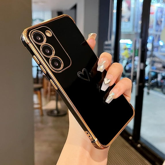 Samsung Galaxy S23 Plus 6.6" Case,Cute Plating Edge Love Hearts Pattern with Camera Lens Protection Phone Cover for Galaxy S23 Plus 5G,Black