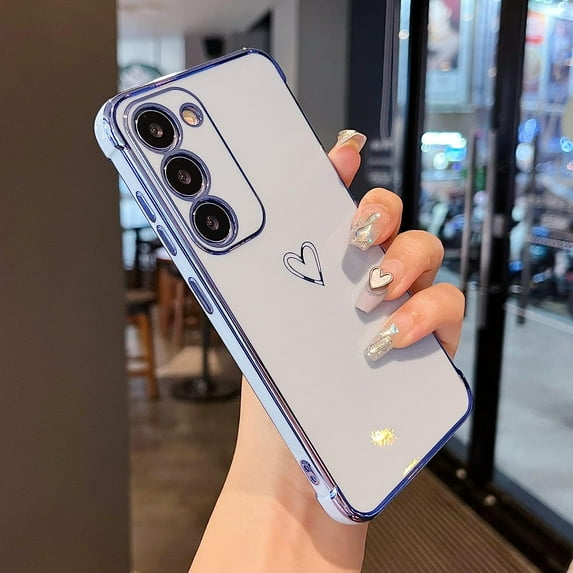 Samsung Galaxy S23 Plus 6.6" Case,Cute Plating Edge Love Hearts Pattern with Camera Lens Protection Phone Cover for Galaxy S23 Plus 5G,Blue
