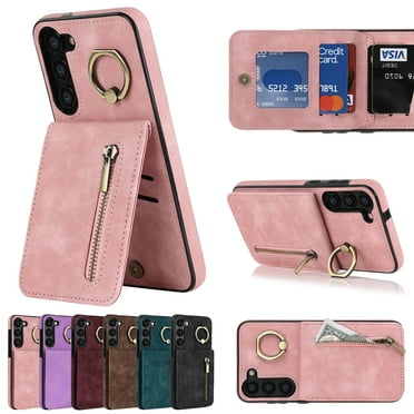 for Samsung Galaxy S23 Plus 6.6" Vintage Leather Wallet Case,Practical Card Holders RFID Blocking Zipper Wallet Kickstand Ring Holder Shockproof Anti-Scratch Case for Women Men,Pink