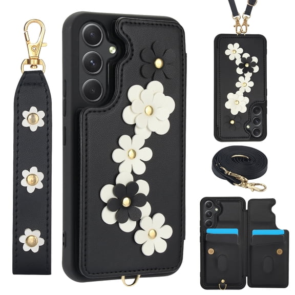 for Samsung Galaxy S23 Plus 6.6-inch Crossbody Wallet Case, Women Flip Cover Flower Design PU Leather Kickstand Card Slots Wrist Strap Lanyard Purse Phone Case for Galaxy S23 Plus 6.6-inch, Black