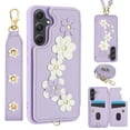 thumbnail image 1 of for Samsung Galaxy S23 Plus Card Slots Back Case with Magnetic Snap Shoulder Strap & Wrist Strap Kickstand, 3D Flower Decoration for Girls Elegant Phone Case Cover for Samsung Galaxy S23 Plus, Purple, 1 of 9