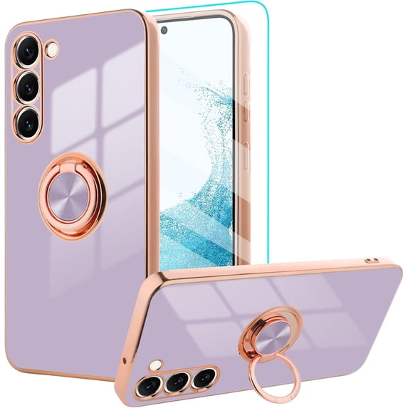 for Samsung Galaxy S23 Plus Case with 360° Rotation Magnetic Ring Kickstand Holder,Shiny Plating Gold Edge Soft Slim Shockproof +Screen Protector Protective Cover for Women Girls(Purple)