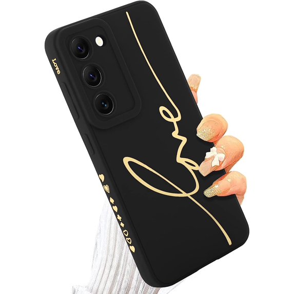 for Samsung Galaxy S23 Plus Case, Back Cute Plating Love Letter Graphic with Anti-Fall Lens Cameras Cover Protection Soft TPU Shockproof Anti-Fingerprint Phone Cases for Women Girls -Black