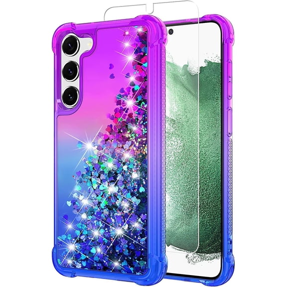 for Samsung Galaxy S23 Plus Case,Galaxy S23 Plus Case,with HD Screen Protector,Gradient Quicksand Glitter Liquid Floating Waterfall Durable Girls Cute Phone Case for S23 Plus (Purple/Blue)