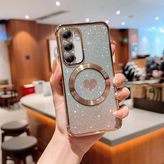 for Samsung Galaxy S23 Plus Case Glitter, Clear Magnetic Case with Luxury Love Heart Pattern [Compatible with MagSafe] Bling Sparkle Plating Soft TPU Slim Shockproof Cover Women Girls, Gold
