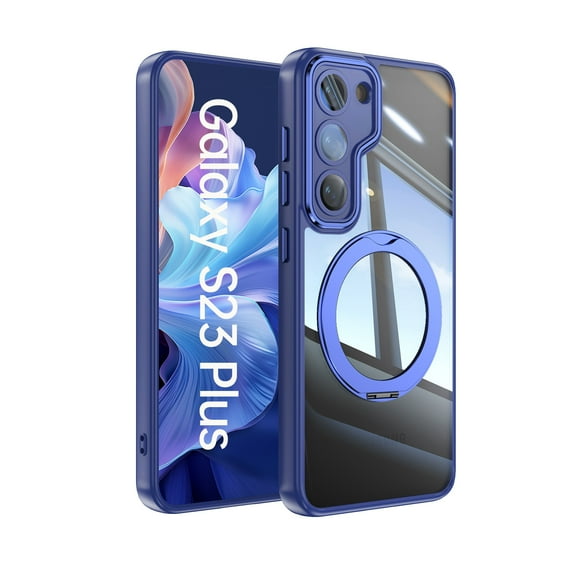 for Samsung Galaxy S23 Plus Case with Lens Protector, [Foldable Stand & Rotatable Ring Holder], Glossy Shockproof Bumper Dustproof Clear Women Men Case for Samsung Galaxy S23 Plus, Blue