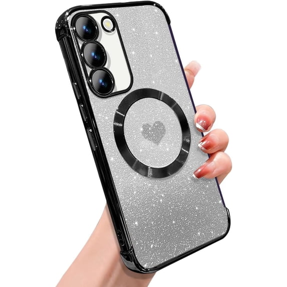 for Samsung Galaxy S23 Plus Case Magnetic,for Women Girl Soft Luxury Plating Bling Gradient Glitter Cute Heart Cover Compatible with MagSafe Clear Shockproof Protective Phone Case 6.6”-Black