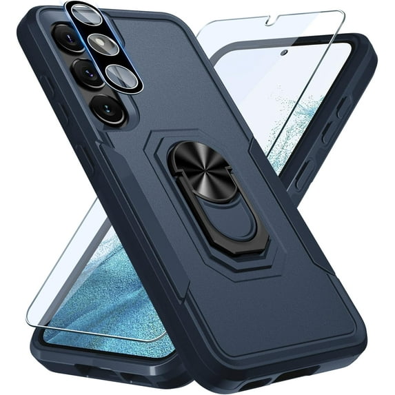 Samsung Galaxy S23+ Plus Case with Screen Protector+Camera Lens Protector,Heavy Duty Shockproof Full Body Phone Cover Built in Rotatable Metal Ring Holder Kickstand,2023 Navy Blue