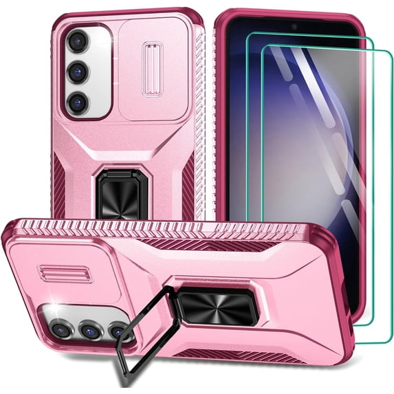 for Samsung Galaxy S23+ Plus Case with Slide Camera Cover & 2 PCS Screen Protector, Build in 360° Rotating Ring Kickstand, Military Grade Protective Case for Galaxy S23 Plus 6.6 inch, Pink+Red