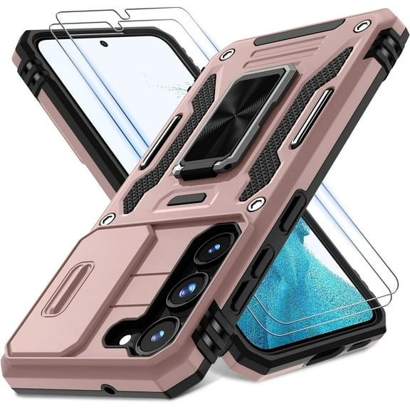 for Samsung Galaxy S23 Plus Case with Slide Camera Cover Screen Protector(2 Packs),Rotated Ring Kickstand Military Grade Shockproof Protective Cover-Rose Gold