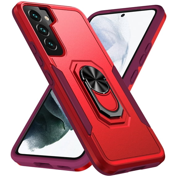 for Samsung Galaxy S23 Plus Case, Slim Fit Military Grade Drop Tested Dual Layer Shockproof Case with 360 Ring Holder Kickstand Protective Rugged Car Magnetic Non-Slip Phone Case,Rose+Red