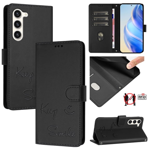 for Samsung Galaxy S23 Plus Case Wallet with RFID Blocking Card Holder, Shoulder Strap & Wrist Strap, Smile Pattern PU Leather Magnetic Clasp Flip Purse Case for Samsung Galaxy S23 Plus, Black