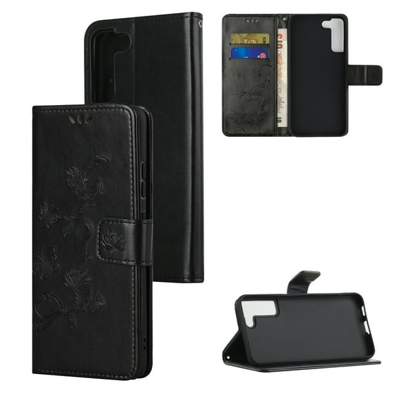 for Samsung Galaxy S23 Plus Case Wallet,Women Flip Folio Cover with Flower Embossed PU Leather Kickstand Credit Card Holder Slots Wrist Strap Phone Case for Galaxy S23 Plus 6.6 inch,Black