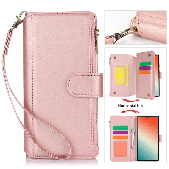 for Samsung Galaxy S23 Plus Crossbody Case, RFID Blocking for Galaxy S23 Plus Case Wallet with Card Holder, Fashion PU Leather Magnetic Flip Zipper Wrist Strap Lanyard Phone Case, Rosegold